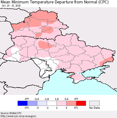 Ukraine, Moldova and Belarus Minimum Temperature Departure From Normal (CPC) Thematic Map For 10/19/2020 - 10/25/2020