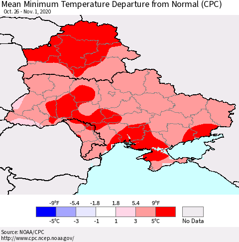 Ukraine, Moldova and Belarus Mean Minimum Temperature Departure from Normal (CPC) Thematic Map For 10/26/2020 - 11/1/2020