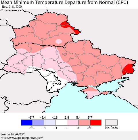 Ukraine, Moldova and Belarus Mean Minimum Temperature Departure from Normal (CPC) Thematic Map For 11/2/2020 - 11/8/2020