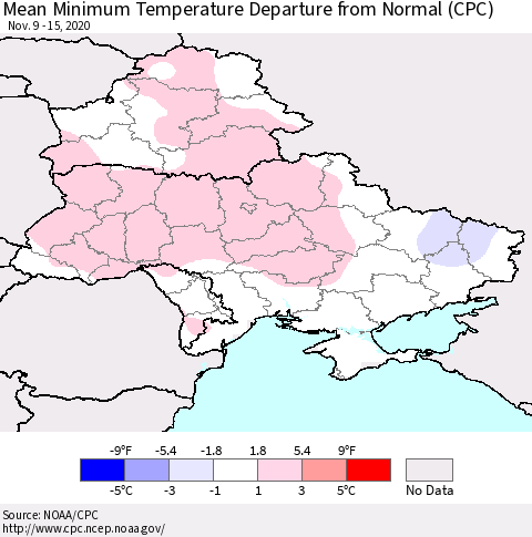 Ukraine, Moldova and Belarus Mean Minimum Temperature Departure from Normal (CPC) Thematic Map For 11/9/2020 - 11/15/2020