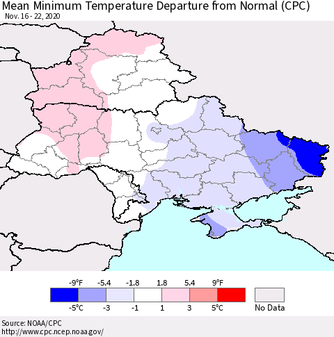 Ukraine, Moldova and Belarus Mean Minimum Temperature Departure from Normal (CPC) Thematic Map For 11/16/2020 - 11/22/2020