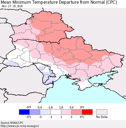 Ukraine, Moldova and Belarus Mean Minimum Temperature Departure from Normal (CPC) Thematic Map For 11/23/2020 - 11/29/2020