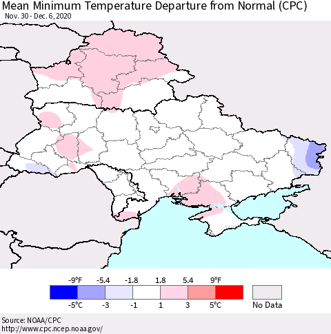 Ukraine, Moldova and Belarus Mean Minimum Temperature Departure from Normal (CPC) Thematic Map For 11/30/2020 - 12/6/2020