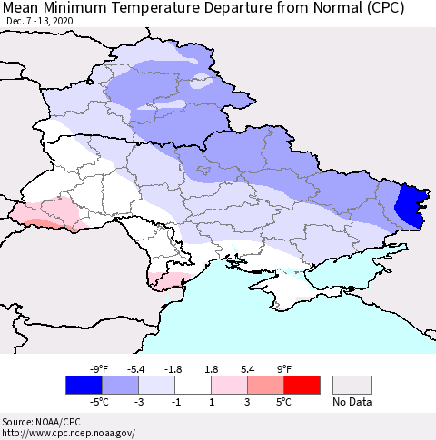 Ukraine, Moldova and Belarus Mean Minimum Temperature Departure from Normal (CPC) Thematic Map For 12/7/2020 - 12/13/2020