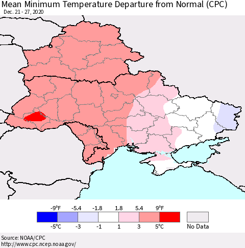 Ukraine, Moldova and Belarus Minimum Temperature Departure From Normal (CPC) Thematic Map For 12/21/2020 - 12/27/2020
