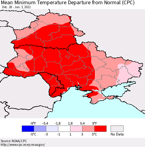 Ukraine, Moldova and Belarus Mean Minimum Temperature Departure from Normal (CPC) Thematic Map For 12/28/2020 - 1/3/2021
