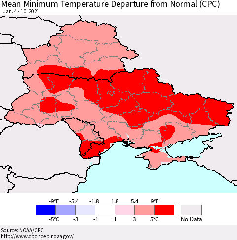 Ukraine, Moldova and Belarus Mean Minimum Temperature Departure from Normal (CPC) Thematic Map For 1/4/2021 - 1/10/2021