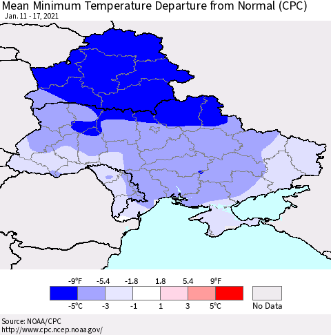 Ukraine, Moldova and Belarus Mean Minimum Temperature Departure from Normal (CPC) Thematic Map For 1/11/2021 - 1/17/2021