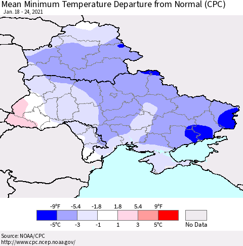 Ukraine, Moldova and Belarus Mean Minimum Temperature Departure from Normal (CPC) Thematic Map For 1/18/2021 - 1/24/2021
