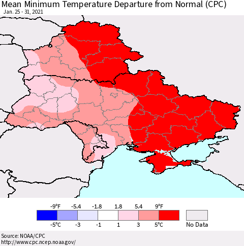 Ukraine, Moldova and Belarus Mean Minimum Temperature Departure from Normal (CPC) Thematic Map For 1/25/2021 - 1/31/2021