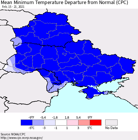 Ukraine, Moldova and Belarus Minimum Temperature Departure From Normal (CPC) Thematic Map For 2/15/2021 - 2/21/2021