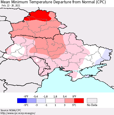 Ukraine, Moldova and Belarus Mean Minimum Temperature Departure from Normal (CPC) Thematic Map For 2/22/2021 - 2/28/2021