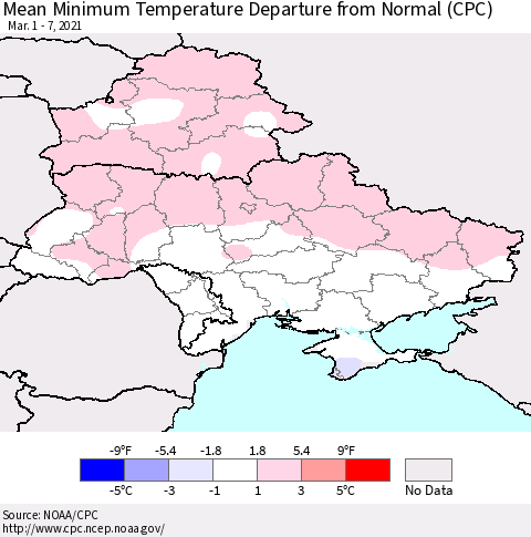 Ukraine, Moldova and Belarus Mean Minimum Temperature Departure from Normal (CPC) Thematic Map For 3/1/2021 - 3/7/2021
