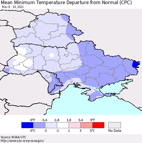 Ukraine, Moldova and Belarus Mean Minimum Temperature Departure from Normal (CPC) Thematic Map For 3/8/2021 - 3/14/2021