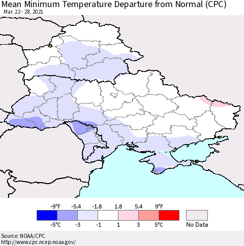 Ukraine, Moldova and Belarus Mean Minimum Temperature Departure from Normal (CPC) Thematic Map For 3/22/2021 - 3/28/2021