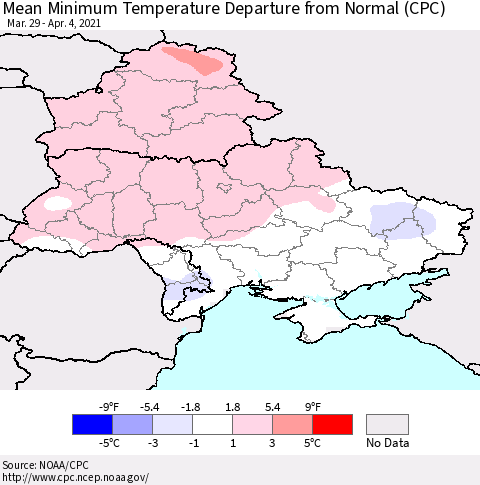 Ukraine, Moldova and Belarus Mean Minimum Temperature Departure from Normal (CPC) Thematic Map For 3/29/2021 - 4/4/2021