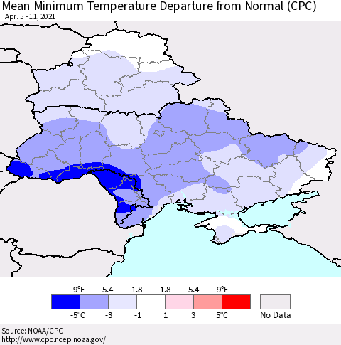 Ukraine, Moldova and Belarus Minimum Temperature Departure From Normal (CPC) Thematic Map For 4/5/2021 - 4/11/2021