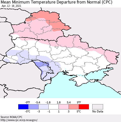 Ukraine, Moldova and Belarus Mean Minimum Temperature Departure from Normal (CPC) Thematic Map For 4/12/2021 - 4/18/2021