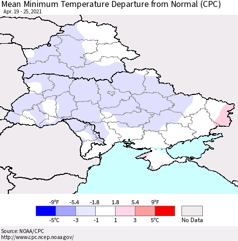 Ukraine, Moldova and Belarus Mean Minimum Temperature Departure from Normal (CPC) Thematic Map For 4/19/2021 - 4/25/2021