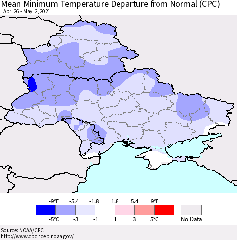 Ukraine, Moldova and Belarus Mean Minimum Temperature Departure from Normal (CPC) Thematic Map For 4/26/2021 - 5/2/2021