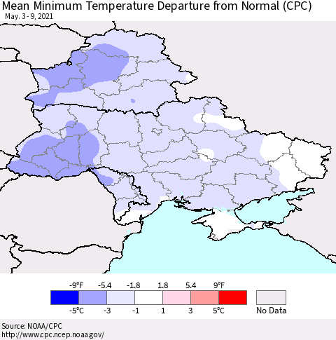 Ukraine, Moldova and Belarus Minimum Temperature Departure From Normal (CPC) Thematic Map For 5/3/2021 - 5/9/2021