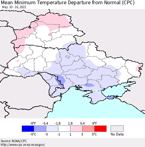 Ukraine, Moldova and Belarus Minimum Temperature Departure From Normal (CPC) Thematic Map For 5/10/2021 - 5/16/2021