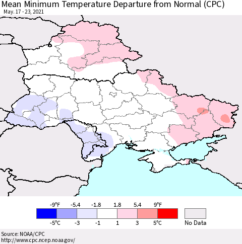 Ukraine, Moldova and Belarus Mean Minimum Temperature Departure from Normal (CPC) Thematic Map For 5/17/2021 - 5/23/2021