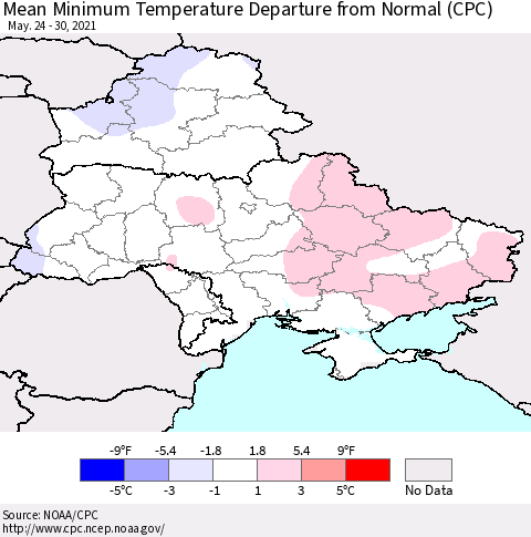 Ukraine, Moldova and Belarus Mean Minimum Temperature Departure from Normal (CPC) Thematic Map For 5/24/2021 - 5/30/2021
