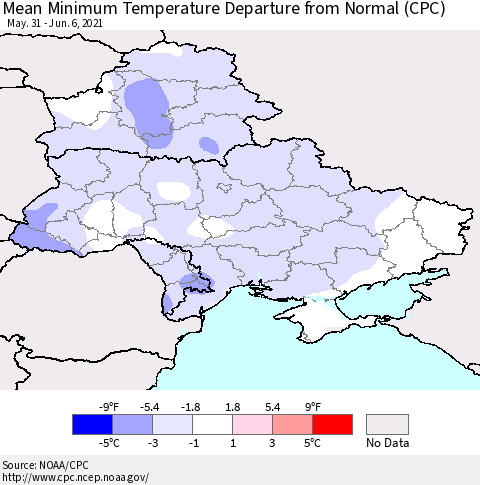 Ukraine, Moldova and Belarus Mean Minimum Temperature Departure from Normal (CPC) Thematic Map For 5/31/2021 - 6/6/2021