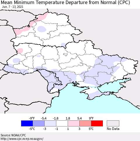 Ukraine, Moldova and Belarus Mean Minimum Temperature Departure from Normal (CPC) Thematic Map For 6/7/2021 - 6/13/2021