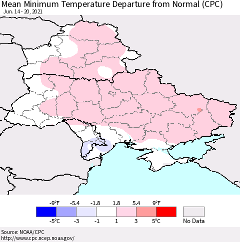 Ukraine, Moldova and Belarus Mean Minimum Temperature Departure from Normal (CPC) Thematic Map For 6/14/2021 - 6/20/2021