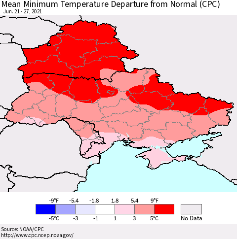 Ukraine, Moldova and Belarus Mean Minimum Temperature Departure from Normal (CPC) Thematic Map For 6/21/2021 - 6/27/2021