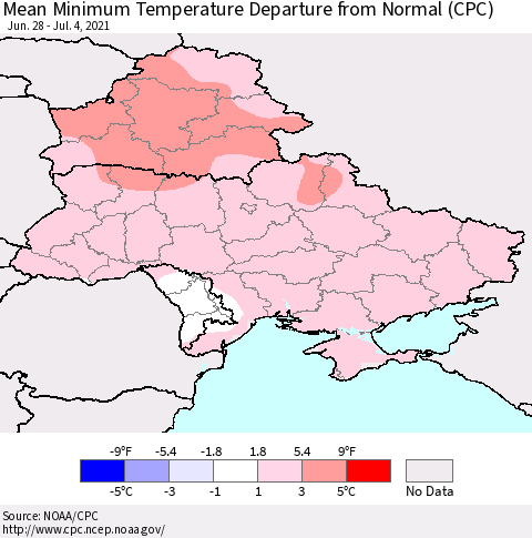 Ukraine, Moldova and Belarus Mean Minimum Temperature Departure from Normal (CPC) Thematic Map For 6/28/2021 - 7/4/2021