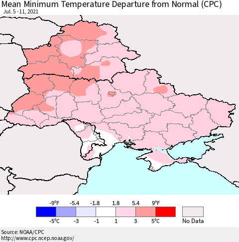 Ukraine, Moldova and Belarus Mean Minimum Temperature Departure from Normal (CPC) Thematic Map For 7/5/2021 - 7/11/2021