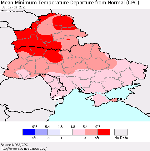 Ukraine, Moldova and Belarus Mean Minimum Temperature Departure from Normal (CPC) Thematic Map For 7/12/2021 - 7/18/2021