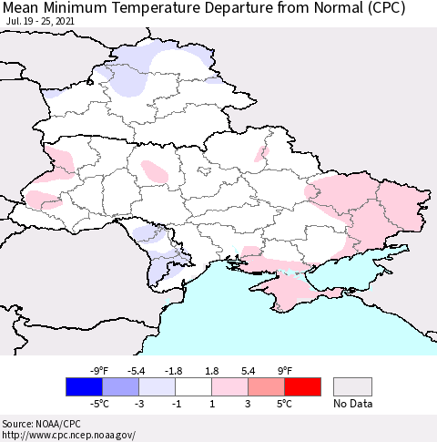 Ukraine, Moldova and Belarus Mean Minimum Temperature Departure from Normal (CPC) Thematic Map For 7/19/2021 - 7/25/2021