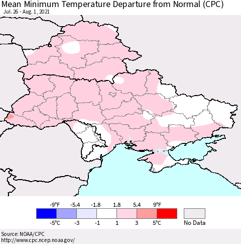 Ukraine, Moldova and Belarus Mean Minimum Temperature Departure from Normal (CPC) Thematic Map For 7/26/2021 - 8/1/2021