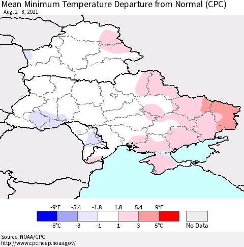 Ukraine, Moldova and Belarus Minimum Temperature Departure From Normal (CPC) Thematic Map For 8/2/2021 - 8/8/2021