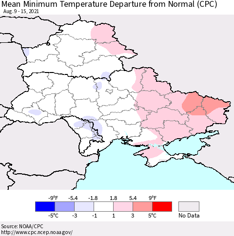 Ukraine, Moldova and Belarus Minimum Temperature Departure From Normal (CPC) Thematic Map For 8/9/2021 - 8/15/2021