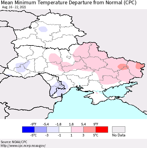 Ukraine, Moldova and Belarus Minimum Temperature Departure From Normal (CPC) Thematic Map For 8/16/2021 - 8/22/2021