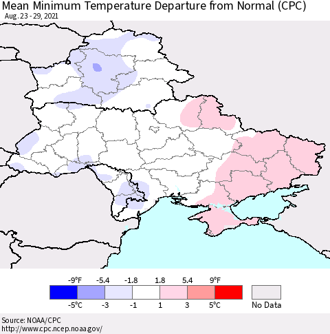 Ukraine, Moldova and Belarus Minimum Temperature Departure From Normal (CPC) Thematic Map For 8/23/2021 - 8/29/2021
