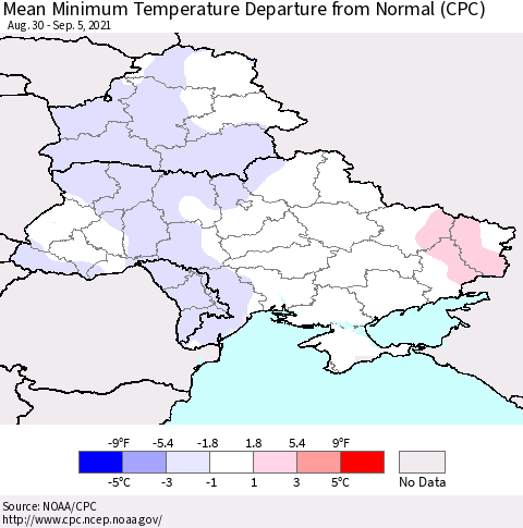 Ukraine, Moldova and Belarus Mean Minimum Temperature Departure from Normal (CPC) Thematic Map For 8/30/2021 - 9/5/2021