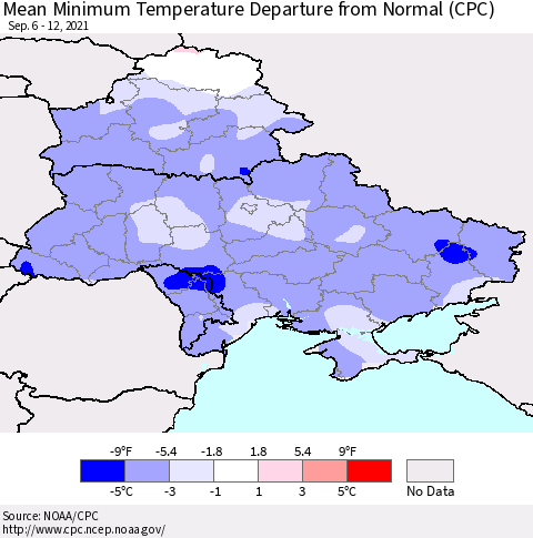 Ukraine, Moldova and Belarus Mean Minimum Temperature Departure from Normal (CPC) Thematic Map For 9/6/2021 - 9/12/2021
