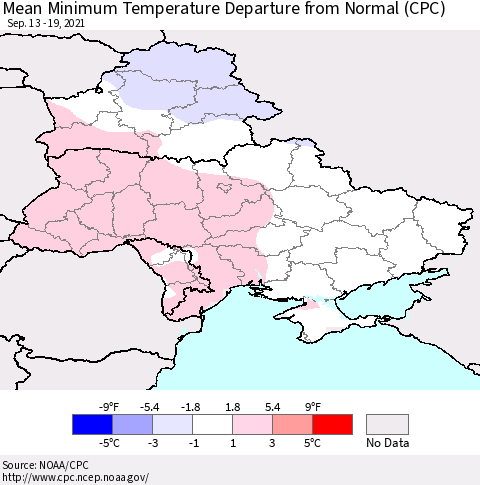 Ukraine, Moldova and Belarus Minimum Temperature Departure From Normal (CPC) Thematic Map For 9/13/2021 - 9/19/2021