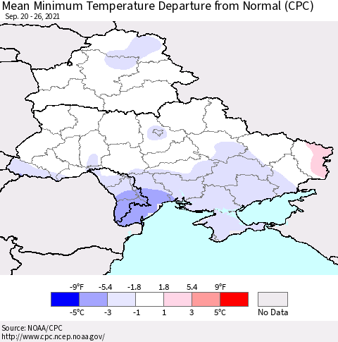 Ukraine, Moldova and Belarus Mean Minimum Temperature Departure from Normal (CPC) Thematic Map For 9/20/2021 - 9/26/2021
