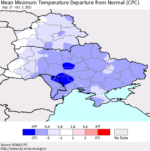 Ukraine, Moldova and Belarus Mean Minimum Temperature Departure from Normal (CPC) Thematic Map For 9/27/2021 - 10/3/2021