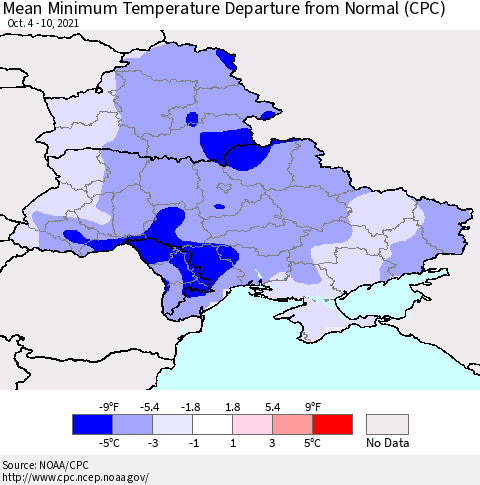Ukraine, Moldova and Belarus Minimum Temperature Departure From Normal (CPC) Thematic Map For 10/4/2021 - 10/10/2021