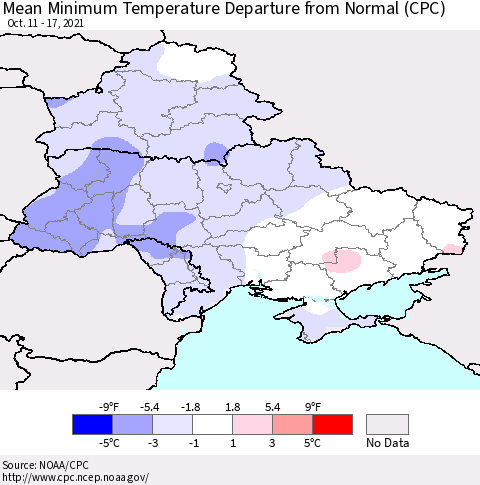Ukraine, Moldova and Belarus Mean Minimum Temperature Departure from Normal (CPC) Thematic Map For 10/11/2021 - 10/17/2021