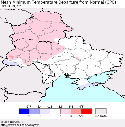 Ukraine, Moldova and Belarus Mean Minimum Temperature Departure from Normal (CPC) Thematic Map For 10/18/2021 - 10/24/2021