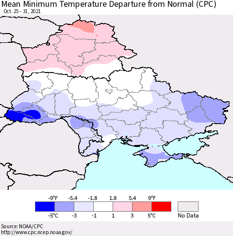 Ukraine, Moldova and Belarus Mean Minimum Temperature Departure from Normal (CPC) Thematic Map For 10/25/2021 - 10/31/2021